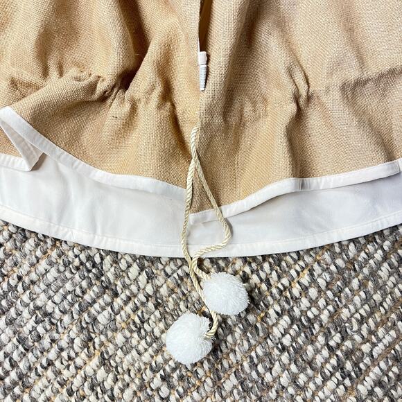 Jute Burlap and Cream Velour Christmas Tree Skirt with Pom Pom Gather Pulls - Picture 4 of 5